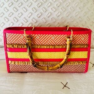 Aldo Pink and Yellow Woven Tote with Bamboo Handles